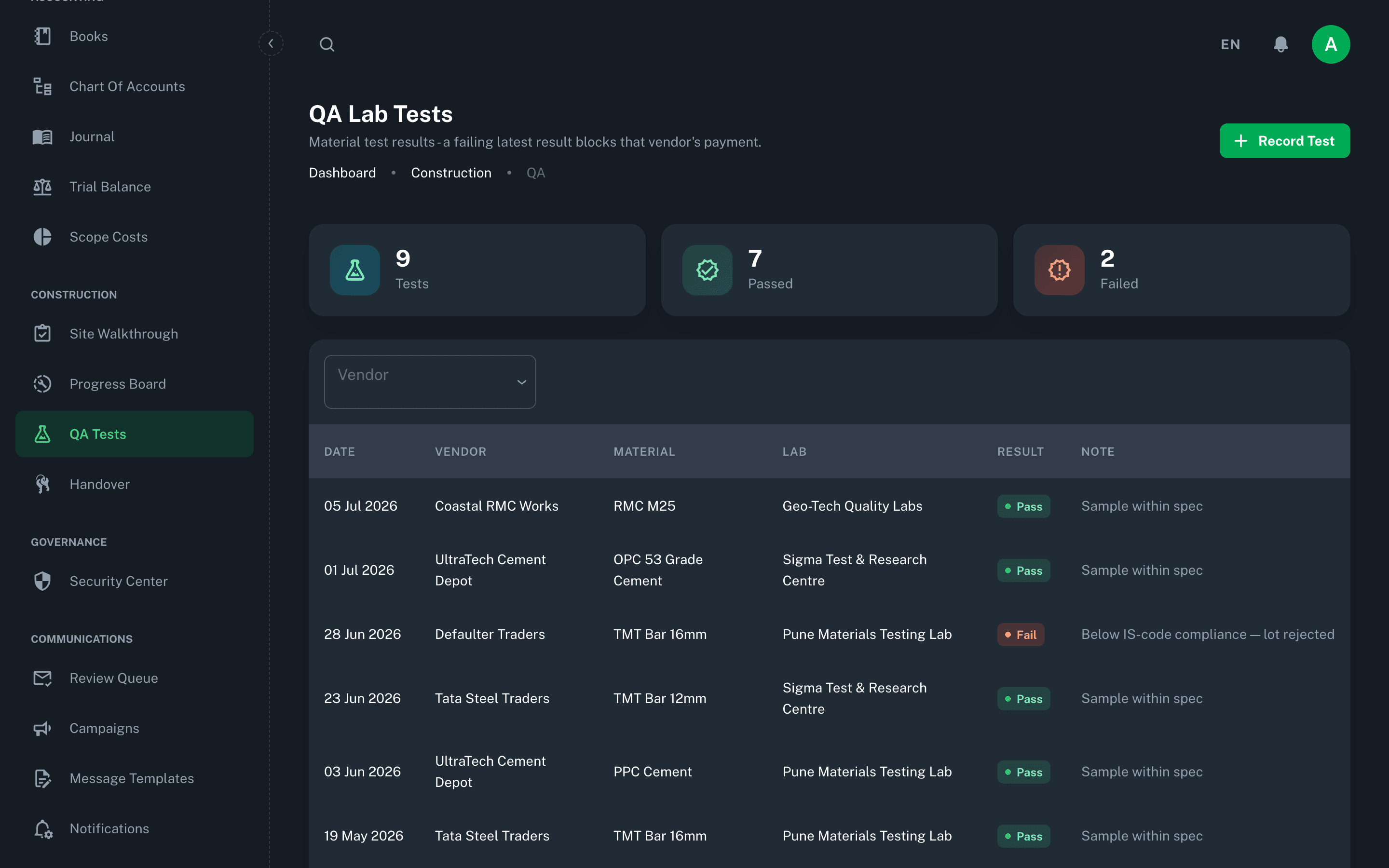 Fortera project management — Project management screen