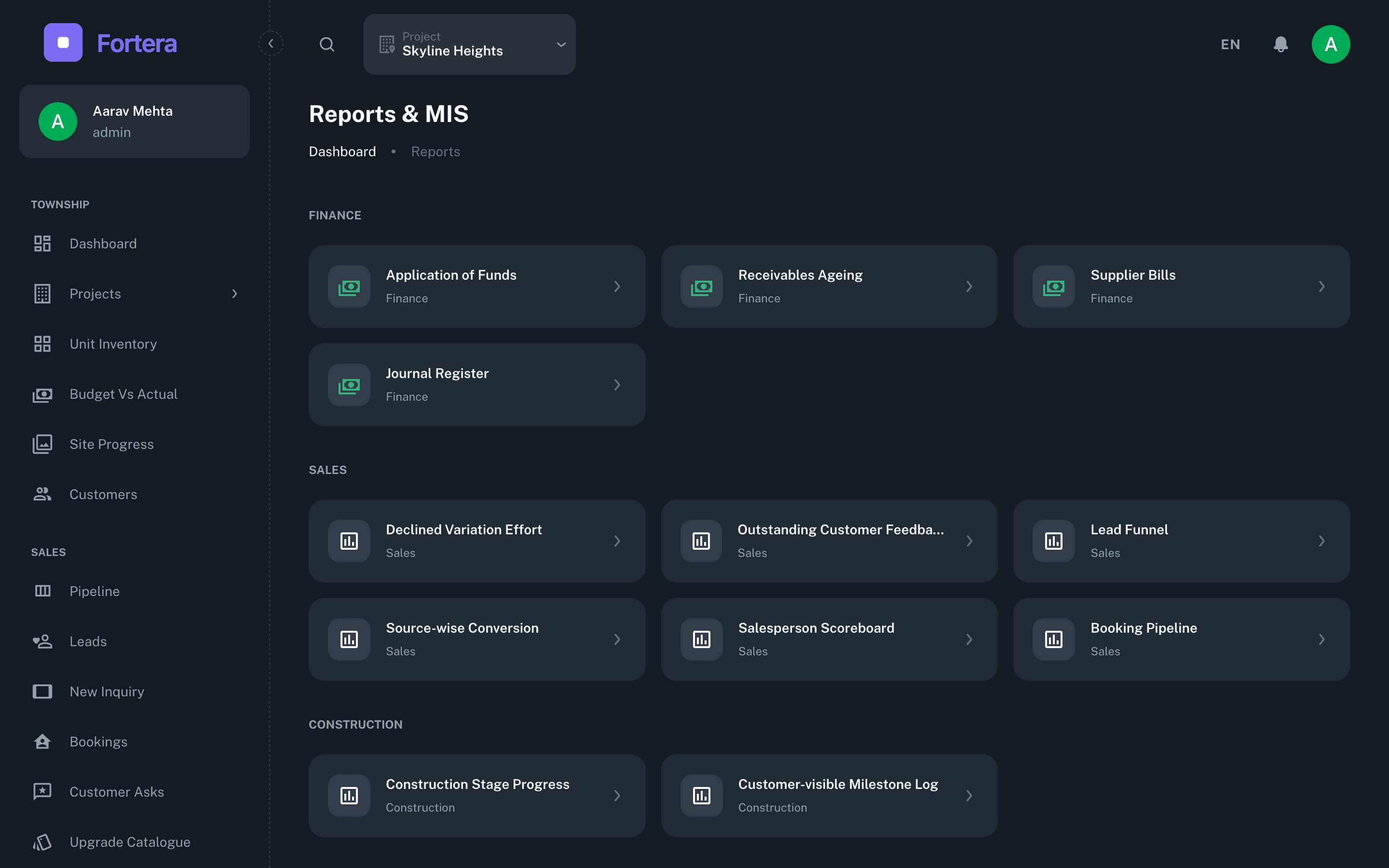 Reports & MIS, rolled up across every project and pillar