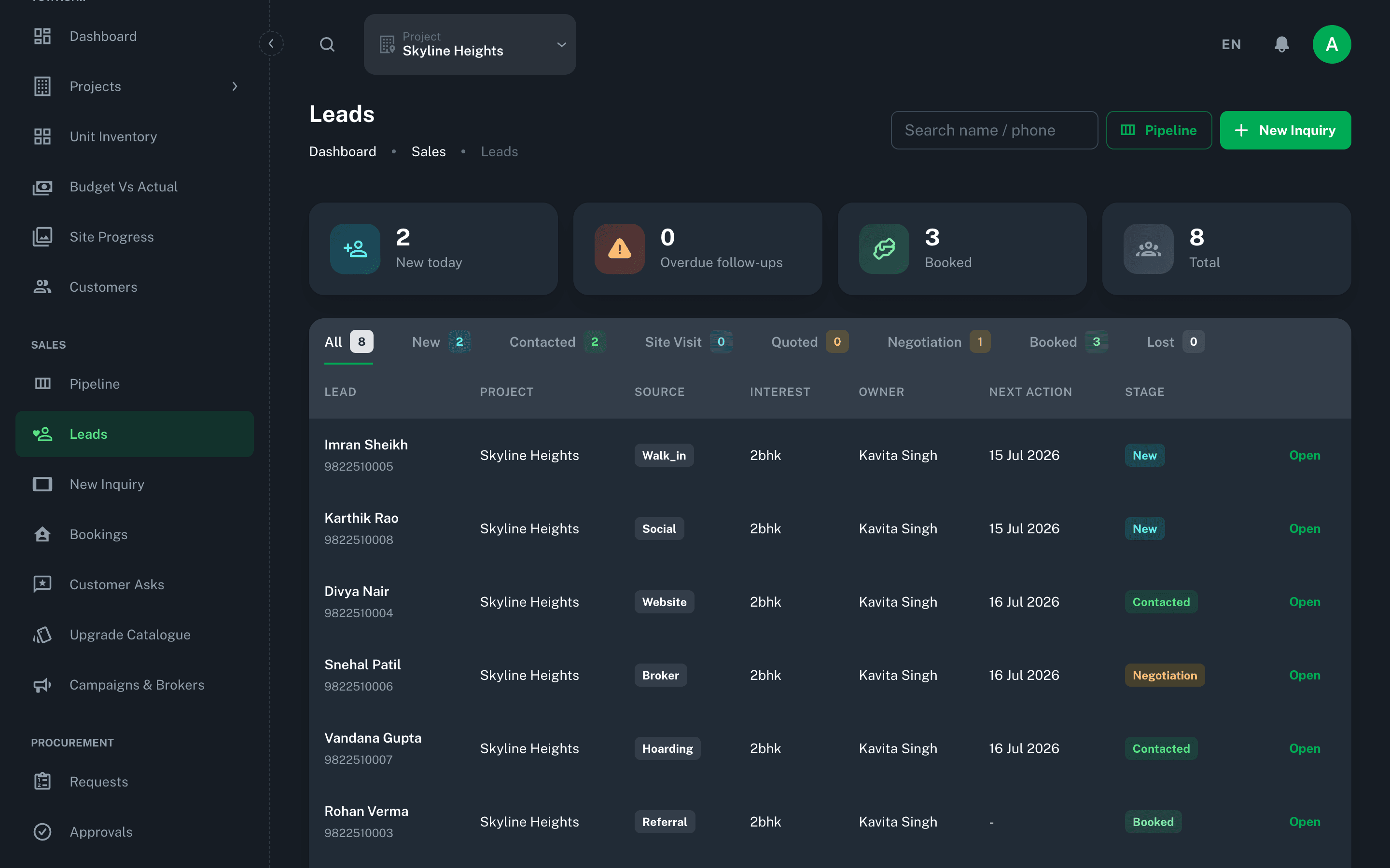 Fortera real estate crm — Real estate CRM screen